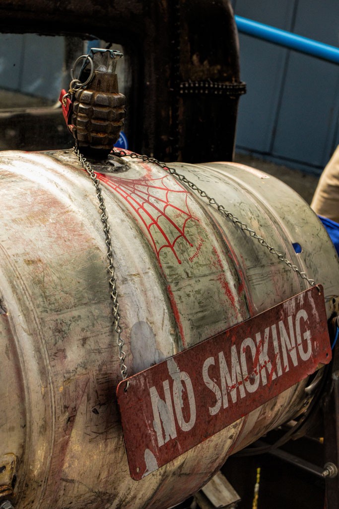 No smoking neat the fuel keg with the grenade on top. Safety Third.