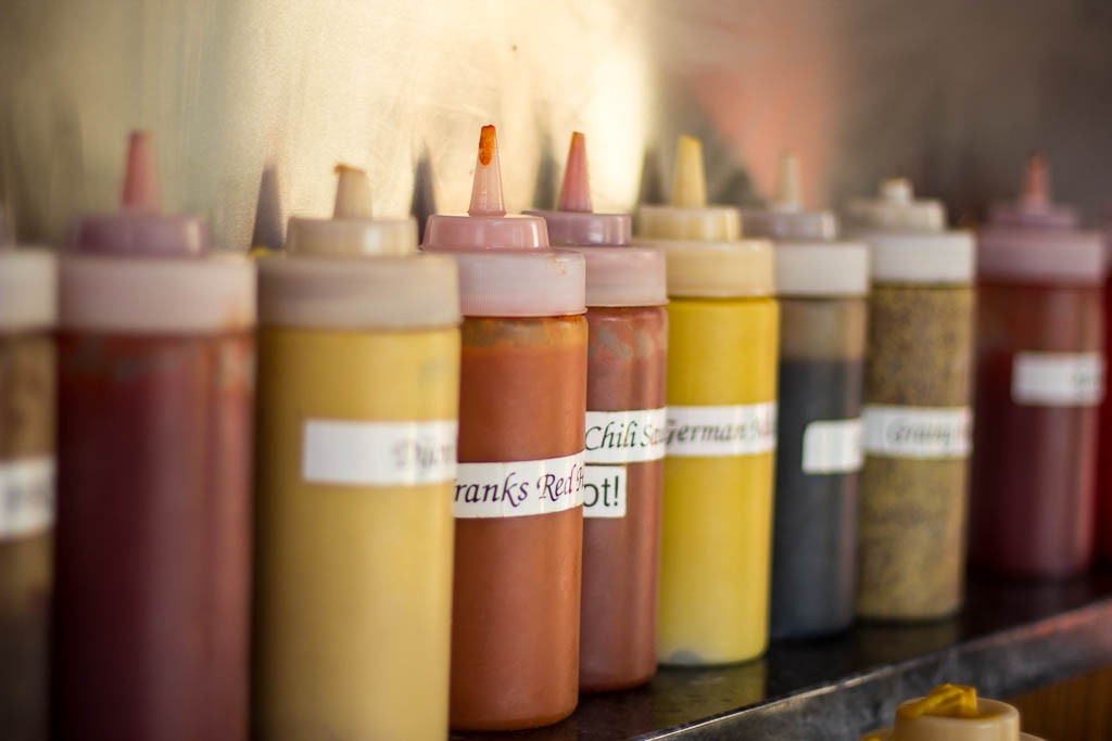 Condiments at the hot dog stand