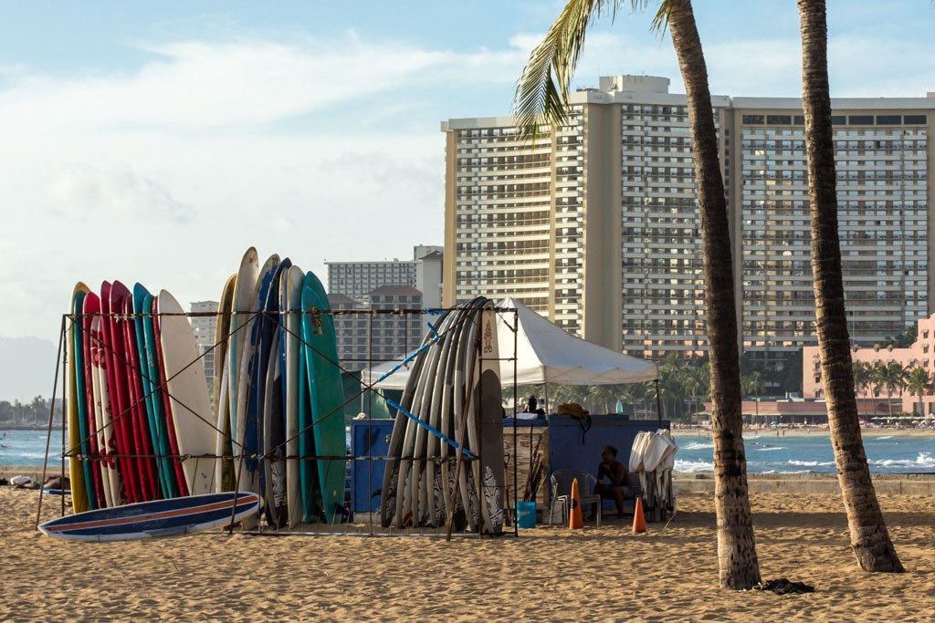 Rows of surfboards for rent.  We didn't do surfing lessons...