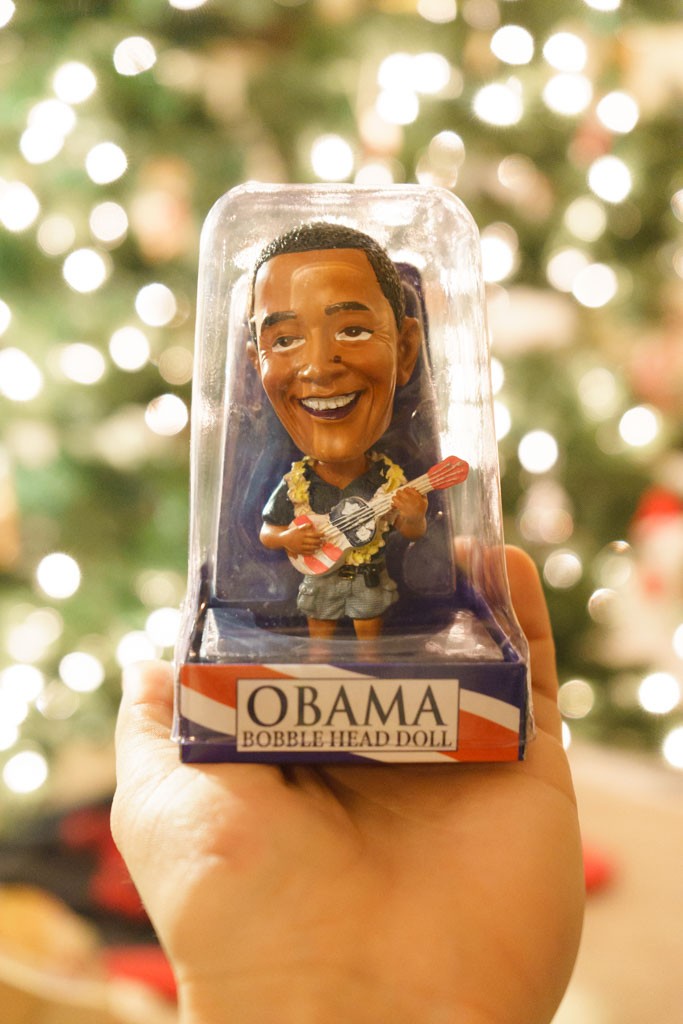 Dad got a Hawaiian hula Obama bobblehead. We have very serious Christmas presents here!