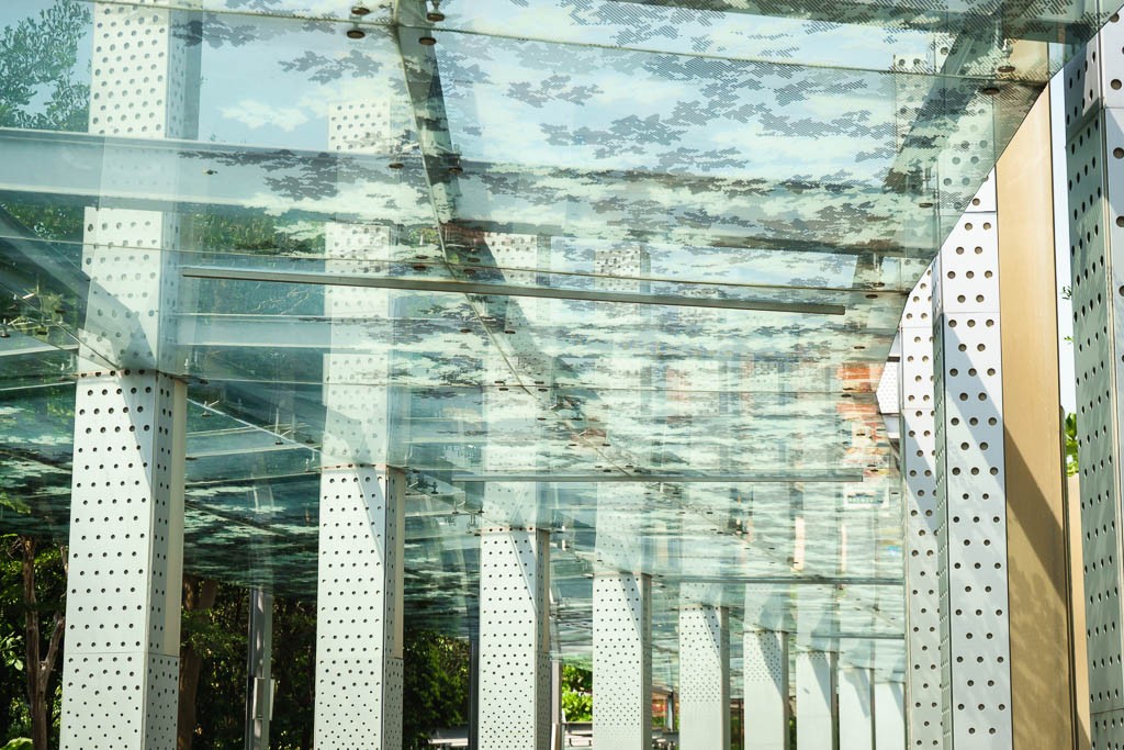 Glass covered walkway.  Beautiful attention to detail.