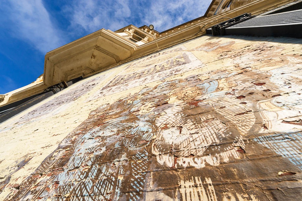 A different take on the mural and historical buildings in port townsend. The camera was almost against the wall to get this shot.