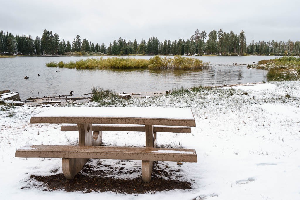 Lake with empty park bench